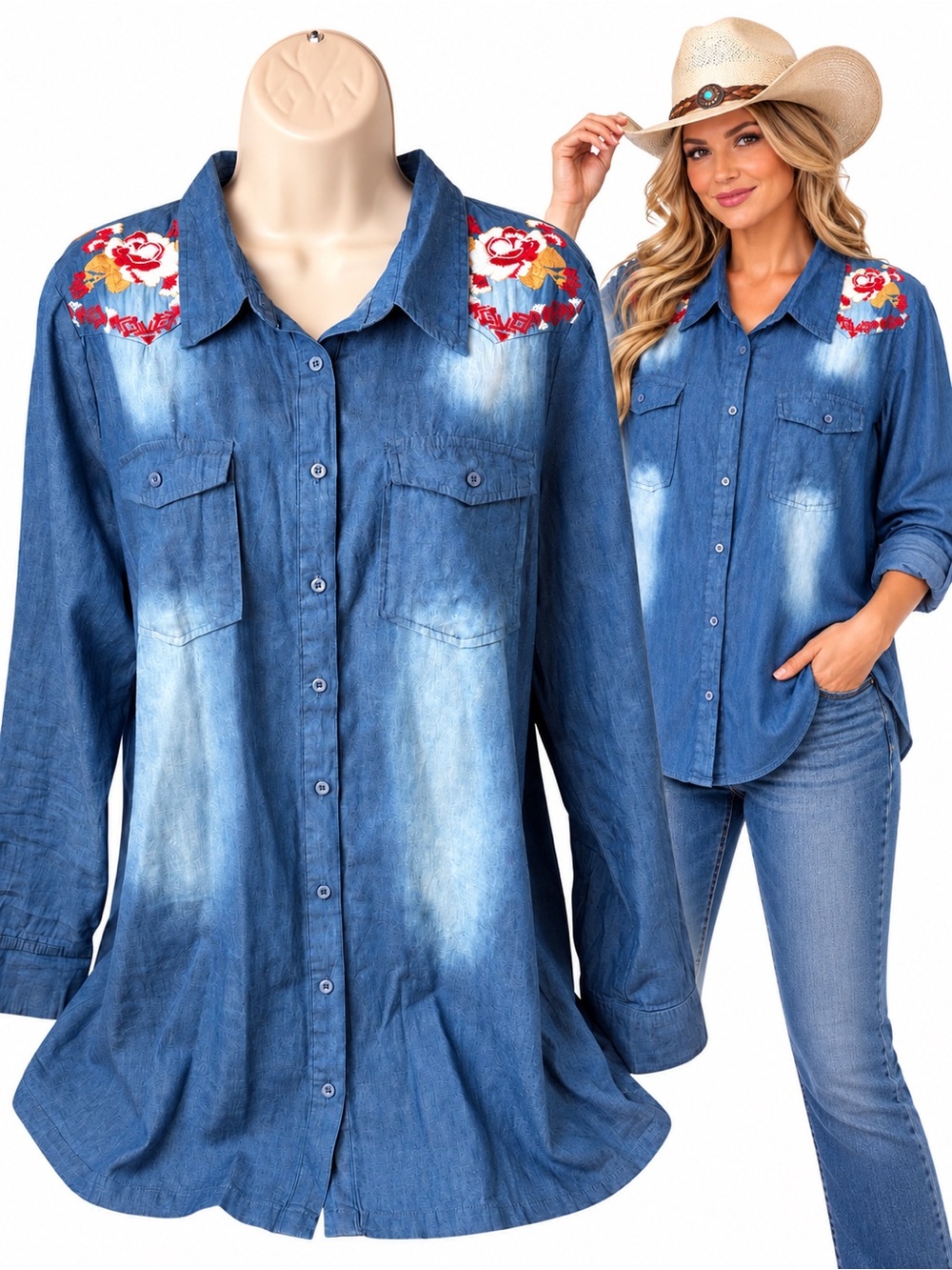Andree by Unit Embroidered Chambray Denim Tunic Shirt Boho Western L
